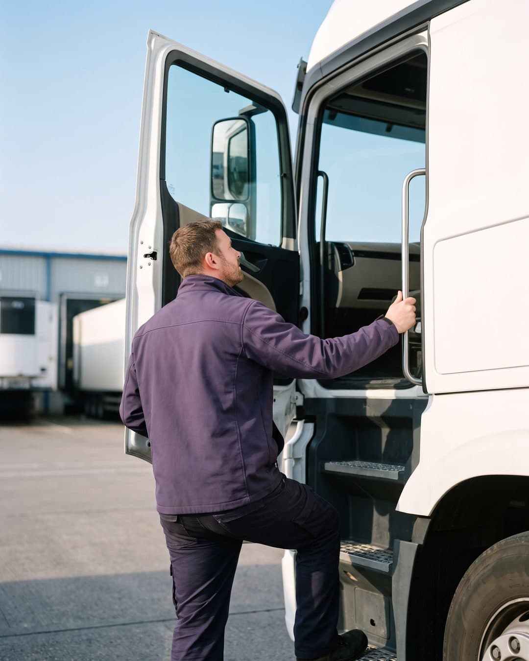 Visuel d’annonce : conducteur poids lourd qui monte dans la cabine de son camion