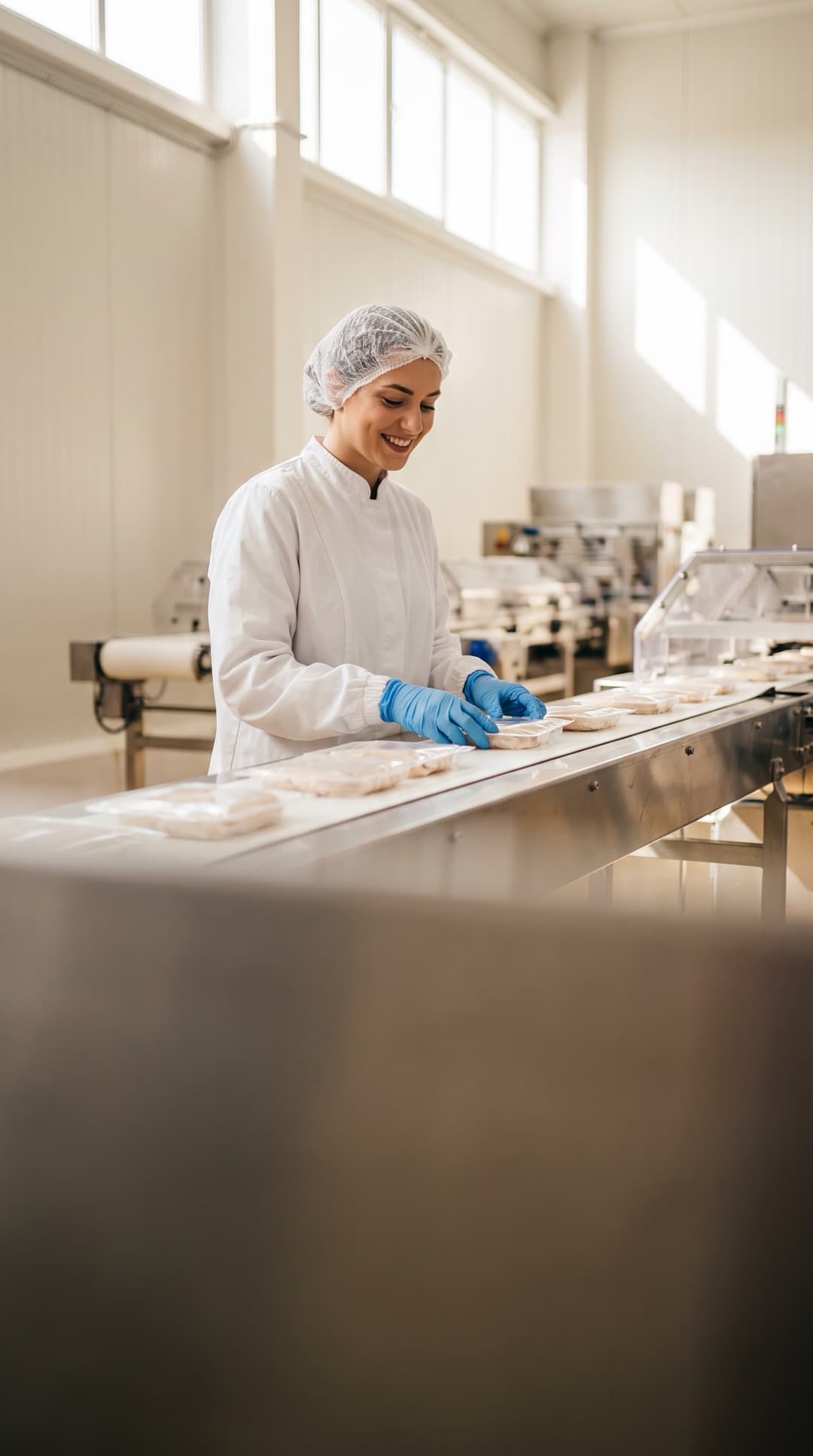 Opératrice de production contrôlant des produits sur une ligne de conditionnement alimentaire